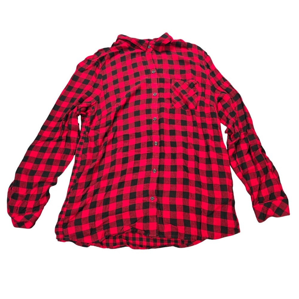 J.Jill Rayon Button Down Shirt Women's Size M Red Black Buffalo Plaid Pocket